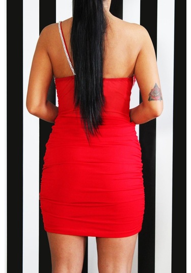 Taş Askı Tül Detay Elbise-Kırmızı