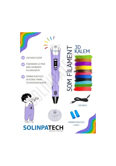 Mor 3D Kalem 3D Pen Yazıcı Kalem | 10 Adet 5 Metre (Toplam 50 Metre) Filament + USB KABLO