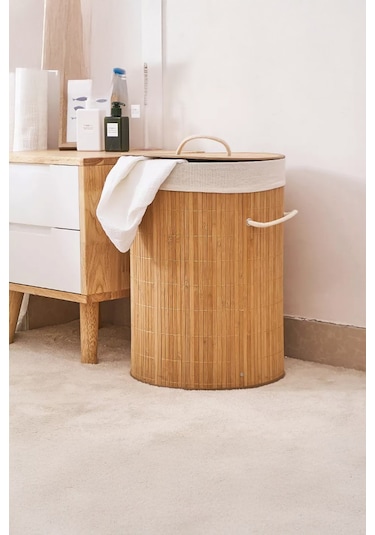 İronika Bambu Kirli Çamaşır Sepeti Halatlı Bambu Çamaşır Oyuncak Sepeti Yuvarlak Açık Kahverengi