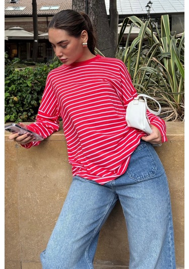 Kırmızı Çizgili Sweatshirt Mg2572 Kırmızı