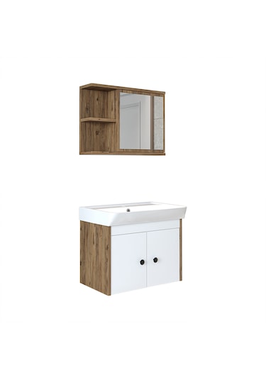 Lavabolu Mat Suntalam 60 Cm Banyo Dolabı + Aynalı Üst Dolabı Atlantik Çam - Beyaz