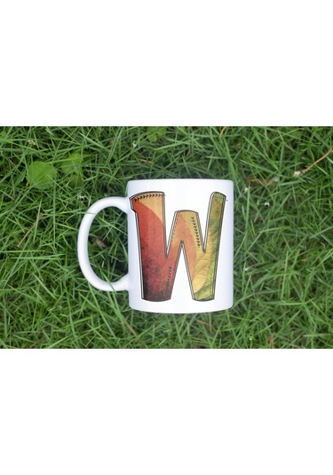 W Harf Yaprak Renkleri İle Kupa Bardak - Kişiye Özel Alfabe Harfli Bardak - Hediye Beyaz