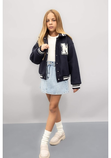 DeFacto Kız Çocuk Yazı Baskılı Çıtçıtlı Ribana Kollu Kolej Mont C5406A824AUNV256 Lacivert