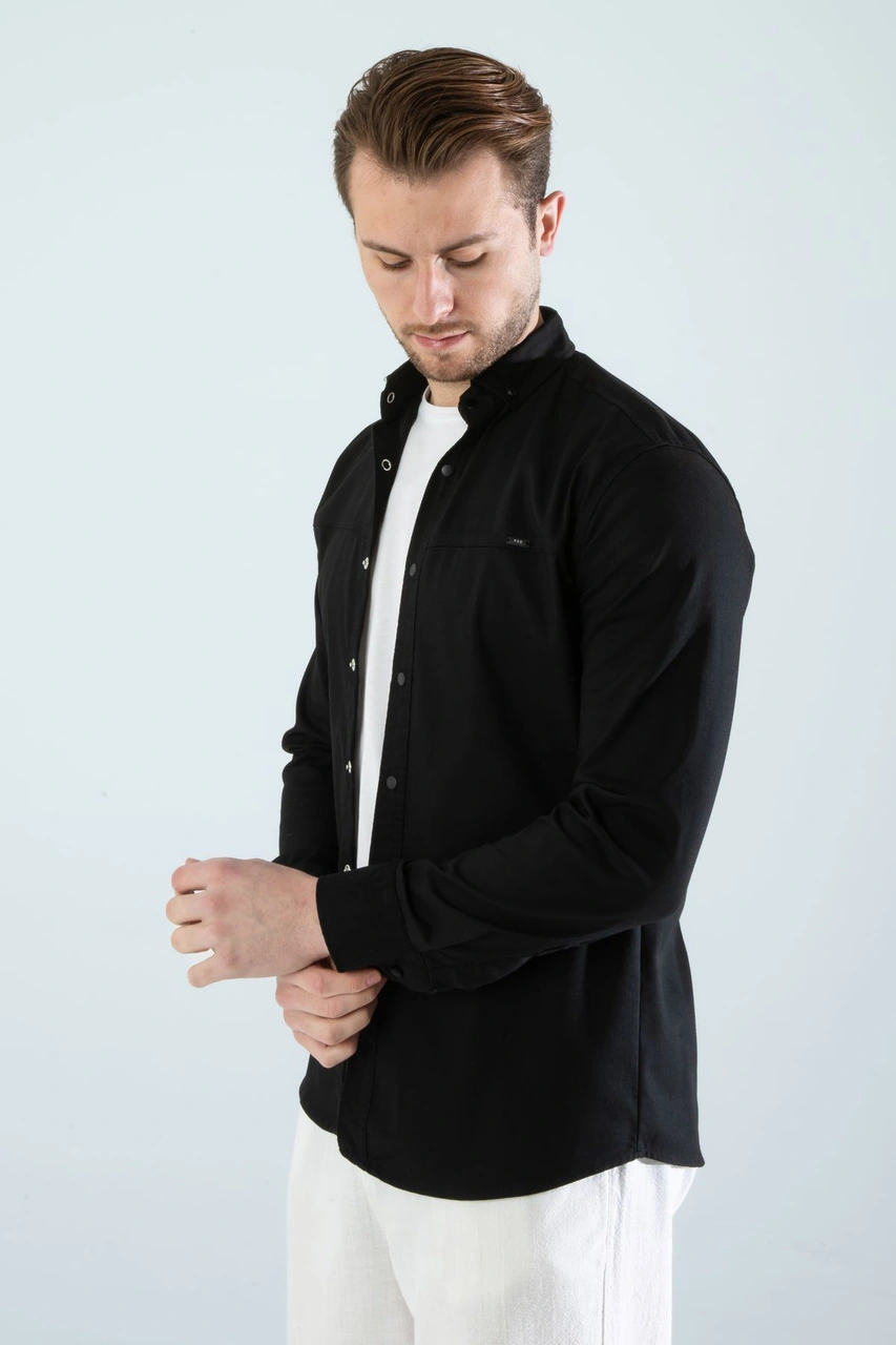 Slim Fit Erkek Cepsiz Kot Gömlek Siyah