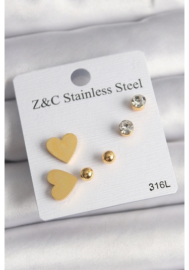 316l Çelik Gold Renk Zirkon Taşlı Kalpli Kadın Küpe Seti Çok Renkli