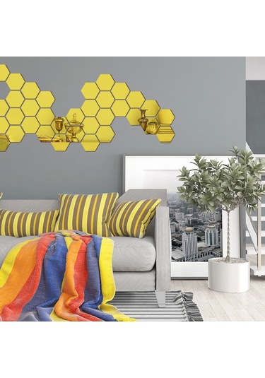 Gajeena "yapışkan Altın Altıgen Ayna Duvar Sticker Seti - 12 Adet, Dekoratif Ve Pratik" Altın