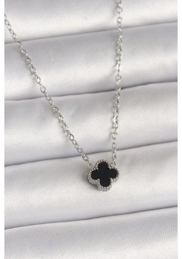 316l Çelik Gümüş Renk Siyah Yonca Model Kadın Kolye Çok Renkli