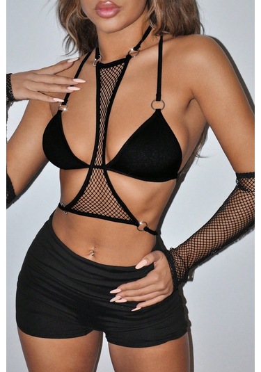 Merry See 3 Parçalı Eldiven Sütyen Crop Takım Siyah