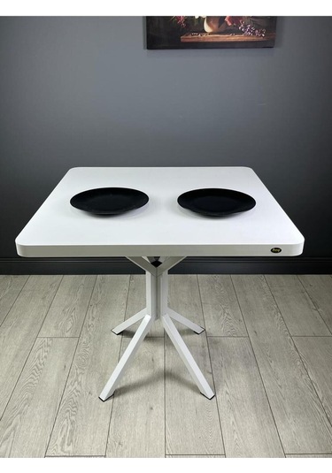 Roma Beyaz Mutfak Yemek Masası Balkon Masası Kavisli Köşe Metal Beyaz Ayak 80 Cm