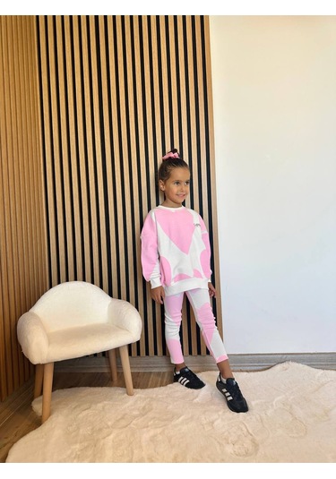 Kız Çocuk Slogan Yazı Detaylı Sweatshirt + Tayt Alt Üst Takım Kalp