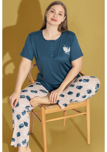 Kadın Desenli 3 Düğmeli Bisiklet Yaka Yazlık Pamuk Likra Büyük Beden Kısa Kol Pijama Takımı Mavi