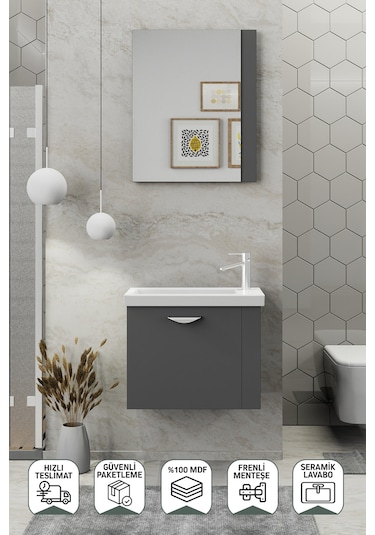 Biani Fix Maxila 60 Cm Seramik Lavabolu, Aynalı, Banyo Dolabı, Lavabo Dahil, Mdf,Mat Gri Biani Fix Maxila 60 Cm Seramik Lavabolu, Aynalı, Banyo Dolabı, Lavabo Dahil, Mdf,Mat Gri