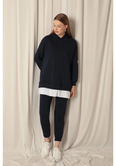 Üç İplik Kumaş Kapüşonlu Kadın Lacivert Sweat Çok Renkli