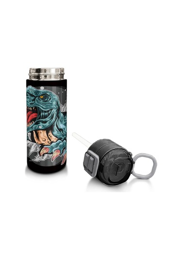 Coral High Kids Koyu Gri Siyah Dinozor Desenli Pipetli Ve Direkt İçim Çelik Termos 500 Ml 31822 Siyah