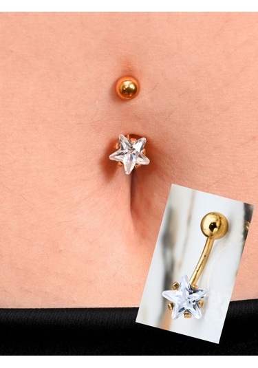 Gold Yıldız Zirkon Taş 8 Mm Zirkon Taş 316l Cerrahi Çelik Göbek Piercing-gbkpr66 Çok Renkli