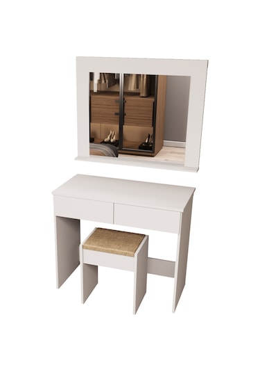 Df02109b Aynalı Puflu Beyaz Makyaj Masası Beyaz