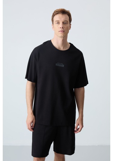 Tommy Life Siyah Pamuklu Kalın Yumuşak Dokulu Oversize Fit Basic Erkek Şort Takım - 85259