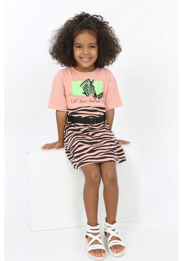Toontoy Kız Çocuk Zebra Baskılı Elbise Koyu Pudra