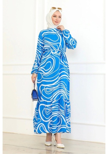 Çizgi Desenli Viskon Elbise - Mavi Mavi