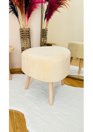 Bohem Tarz Teddy Kumaş Üçgen Puf, Makyaj Taburesi, Bench, Ekru