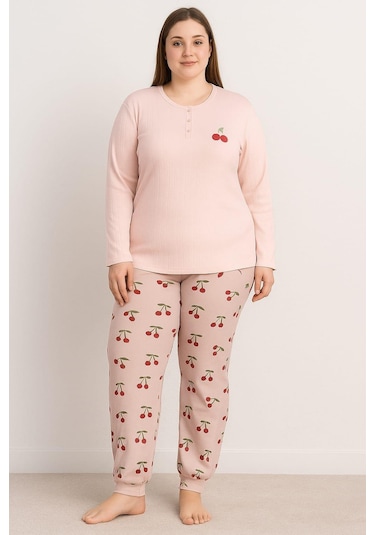 Kadın 0268 Büyük Beden Raporlu Pijama Takımı Vizon Vizon