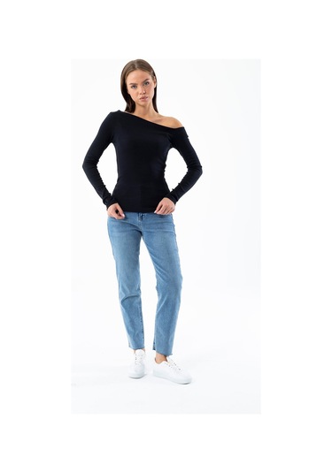 Giysa Kadın Asimetrik Yaka Uzun Kollu Basic Bluz Siyah - Ms0001283 Siyah