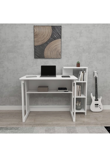 Saye 5 Raflı Kitaplıklı Çalışma Masası Beyaz Mat Beyaz