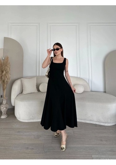 Sırt Dekolteli Kolsuz Uzun Elbise - Siyah Siyah