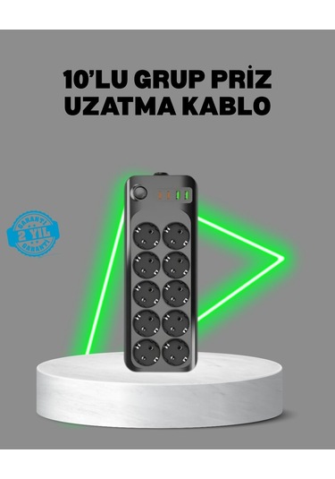 Universal Termal Akım Korumalı 10 Lu Grup Priz Usb Type-c Hızlı Şarj 2500w 2m Kablo