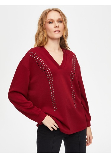 Önü Trok Taşlı V Yaka Sweatshirt 69509 U6950940 Bordo