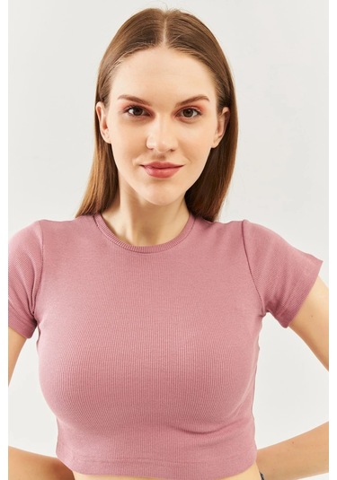 Kadın Kısa Kol Bisiklet Yaka Vücuda Oturan %100 Pamuklu Kaşkorse Esnek Crop Bluz Gül Kurusu