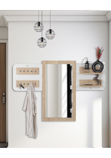 Elbise Askısı / Aynalı Askı / Dekoratif Askılık / Portmanto /duvar Askılık / Flora Dafne Beyaz - Meşe