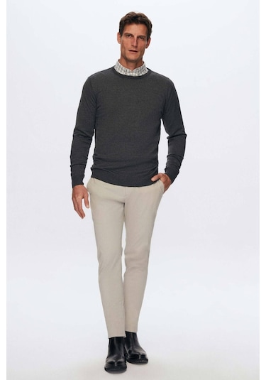 Regular Fit Antrasit Tüylenme Yapmayan Bisiklet Yaka Triko Kazak Antrasit