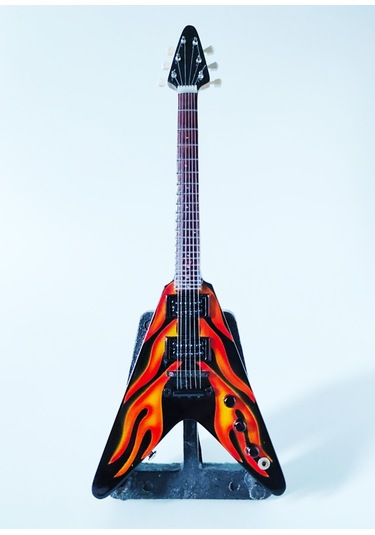 El Yapımı 1/4 Ölçek Minyatür Elektro Gitar Esp Flying V Flames