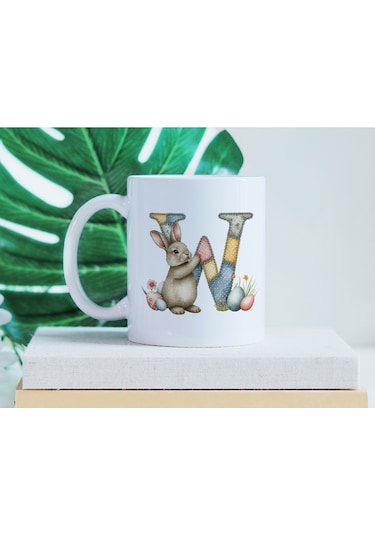 W Harfli Tavşan Kupa - Patchwork / Yamalı Desenli İsme Özel Kupa - Pastel Vintage Tarz Hediyelik 07 Beyaz