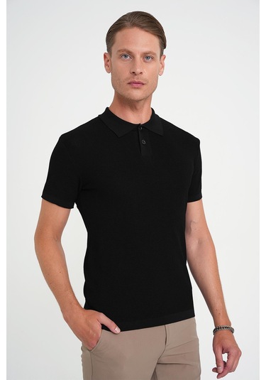 Comfort Fit Polo Yaka Kısa Kollu Siyah Triko Tr 883 Siyah