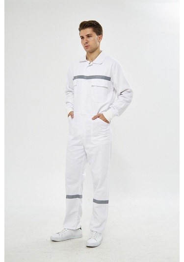 Bütün Iş Tulumu Reflektörlü %100 Pamuk Beyaz