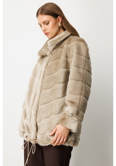 Ekol Kadın Büyük Beden Metal Aksesuarlı Peluş Kaban 6305 Vizon Vizon