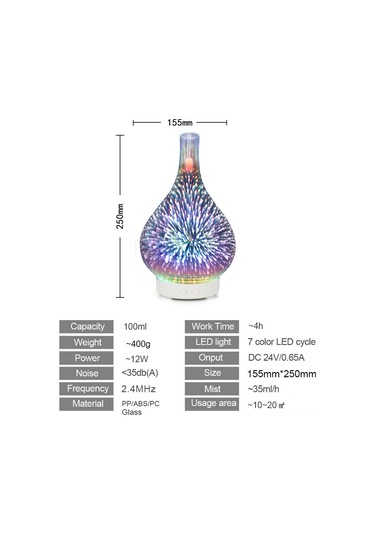 Moveevo 3d Ultrasonik Aromaterapi Dağıtıcı, 100ml Nemlendirici, 7 Renk Led Işıklı, Otomatik Su Kapanması Özelliği