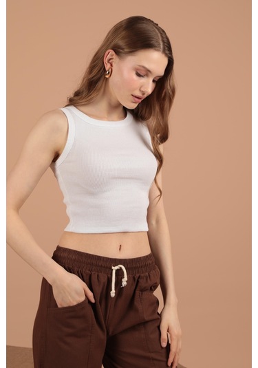 Chıcnhappy Kaşkorse Kumaş Halter Yaka Kadın Bluz Krem - Kadın Krem