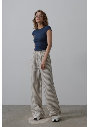 Çizgili Pamuklu Lastikli Pantolon - Bej-lacivert Bej - Lacivert