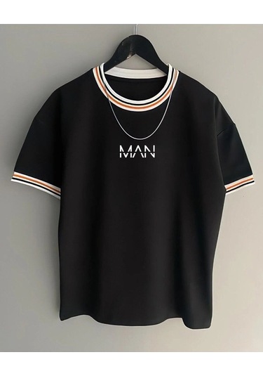 Hırsch Unisex Siyah Oversize Yaka Kol Detaylı Man Baskılı T-shirt SIYAH