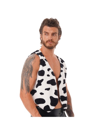 Kolsuz Yelek Siyah Ve Beyaz İnek Baskılı Flanel Yelek Erkekler İçin Tops Cosplay Kostüm Siyah