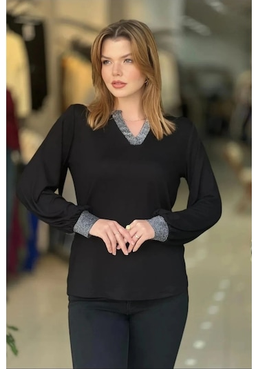 Yakası Ve Kol Uçları Simli Bluz Siyah