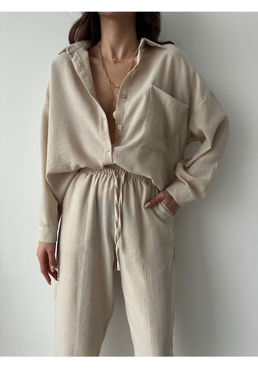 Kadın Oversize Keten Gömlek Pantolon Alt Üst Takım Taş