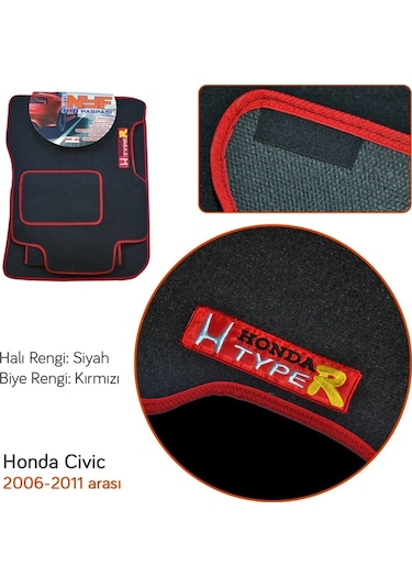 Nyf Honda Civic 2006-2011 Siyah Halı Paspas (Biye Kırmızı)