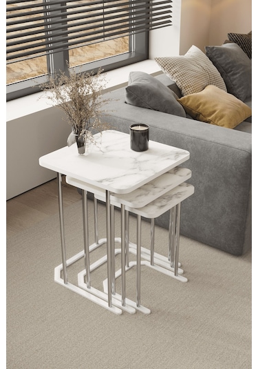 3' Lü Kare Zigon Sehpa Gümüş Ayak Beyaz Mermer Desen 18 Mm Mdf Gümüş - Beyaz Mermer