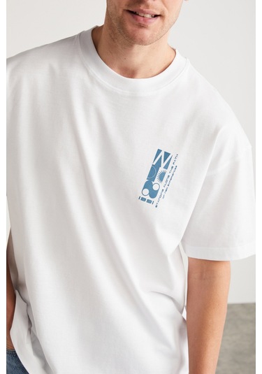 Antonıo  Erkek Baskı Detaylı %100 Organik Pamuk Örme Oversize Beyaz T-shirt