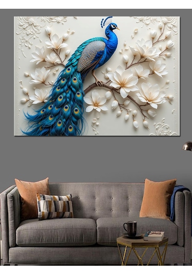Beyaz Tavus Kuşu Kabartması Dekoratif Kanvas - Mdf Ahşap Tablo