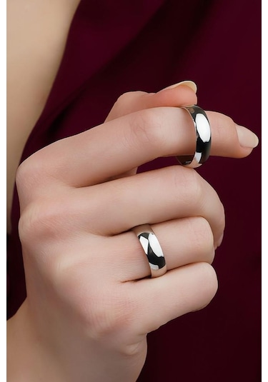 6 Mm Bombeli Gümüş Çift Alyans Söz Yüzüğü Tektaş Hediye Al30